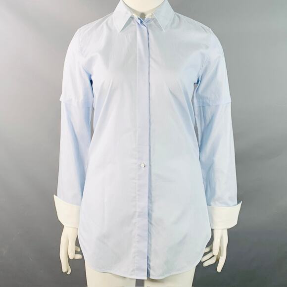 HELMUT LANG Size L Blue White Cotton Stripe Contrast Trim Tuxedo Shirt - Picture 1 of 8
